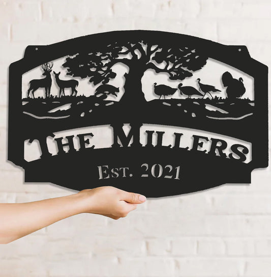 Maxcorners Personalized Hunting Metal Sign WITH LED/WITHOUT LED Light Deer Turkey Scene Custom Name Metal Wall Art Hunter Gift Rustic Cabin Decor LM0110