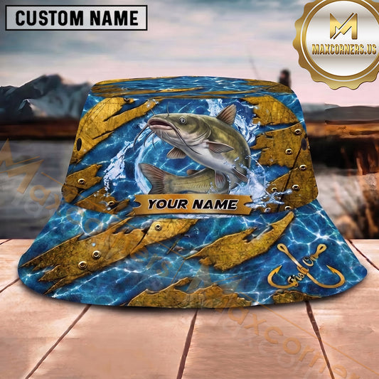 Maxcorners Fishing Blue Water Golden Armor Plate Personalized 3D Bucket Hat (13 Fish Species)