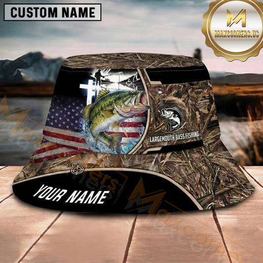 Maxcorners Fishing Camo American Flag Personalized Name 3D Bucket Hat (12 Fish Species)