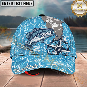 Maxcorners Fishing Coastal Compass Artwork Personalized Name 3D Cap (12 Fish Species)