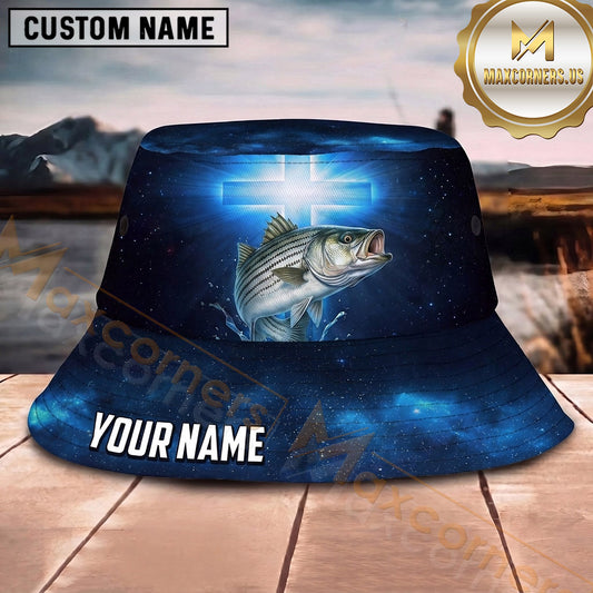 Maxcorners Fishing Green Camo Fishing Adventure with Dynamic Splash Personalized Name 3D Bucket Hat (13 Fish Species)