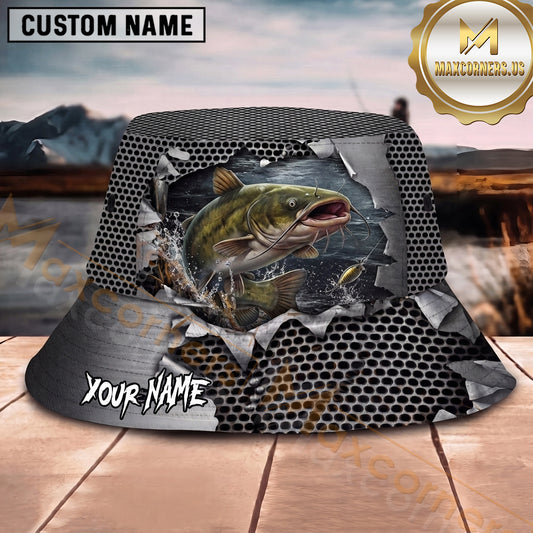 Maxcorners Fishing Torn Metal Mesh Personalized Name 3D Bucket Hat (12 Fish Species)