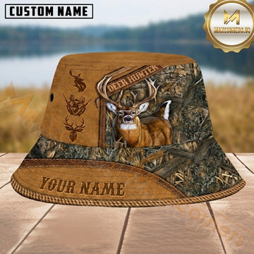 Maxcorners Whitetail Deer Hunting Brown Leather Woodland Camo Personalized Name 3D Bucket Hat