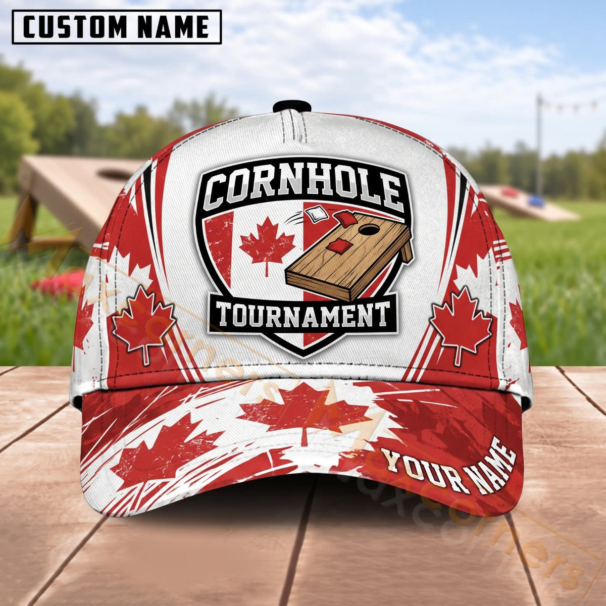 Maxcorners Cornhole Tournament Canadian Maple Leaf Patriotic Badge Personalized Name 3D Cap