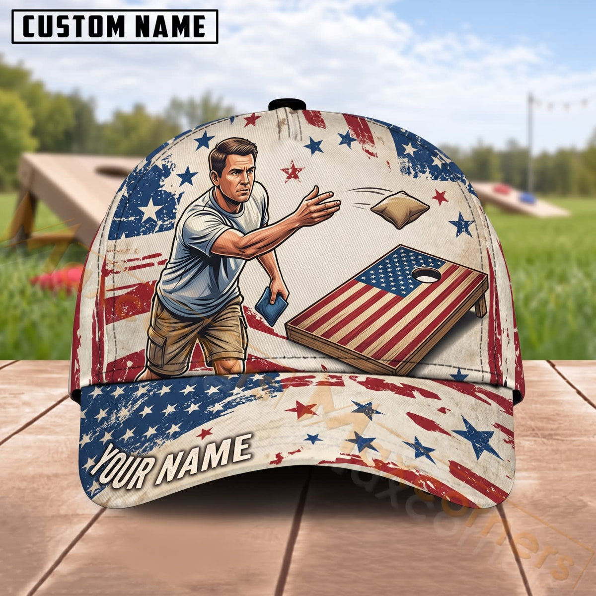 Maxcorners Cornhole American Flag Male Player Patriotic Board Personalized Name 3D Cap