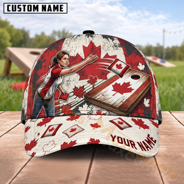 Maxcorners Cornhole Canadian Flag Female Player Red Maple Leaf Personalized Name 3D Cap