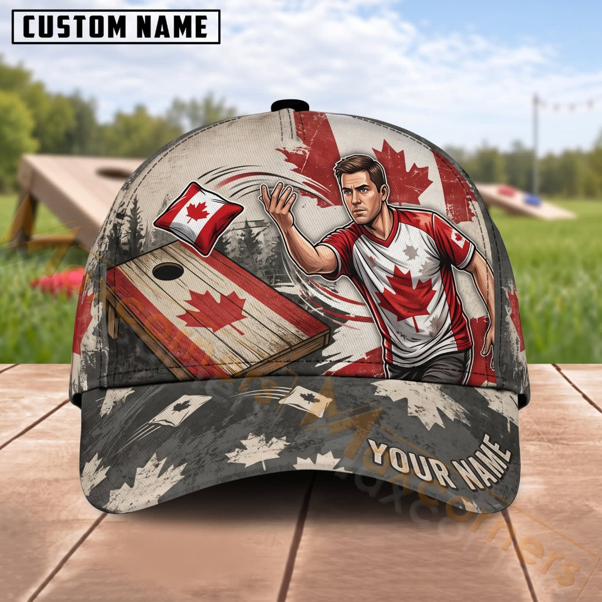 Maxcorners Cornhole Canadian Flag Male Player Rustic Maple Leaf Personalized Name 3D Cap