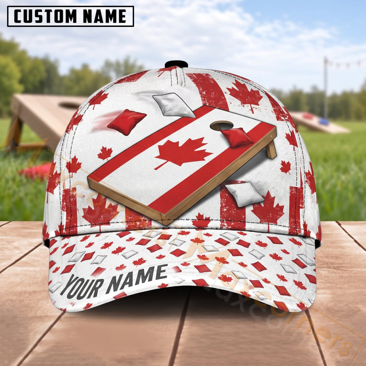 Maxcorners Cornhole Canadian Flag Maple Leaf Board And Bag Personalized Name 3D Cap
