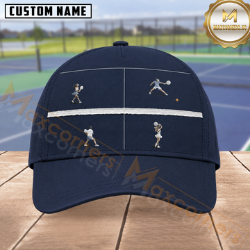 Maxcorners Tennis Four Players on Tennis Court Navy Blue Minimalist Court Graphic Personalized Name 3D Cap
