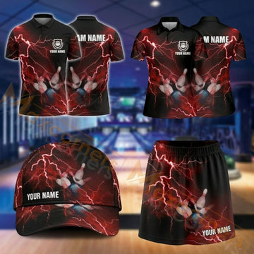 Maxcorners Bowling Lightning Bowling Pins Strike Design Personalized Team Sportswear Set - Polo Shirt, Cap & Skorts