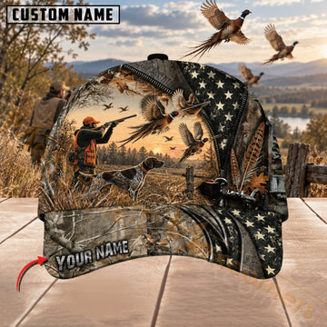 Maxcorners Upland Bird Hunting Camo Sunset Hunter & Pheasants Personalized Name 3D Cap