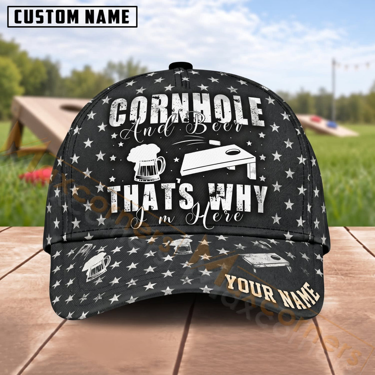 Maxcorners Cornhole That’s Why I’m Here Black & White Design Personalized Name 3D Cap