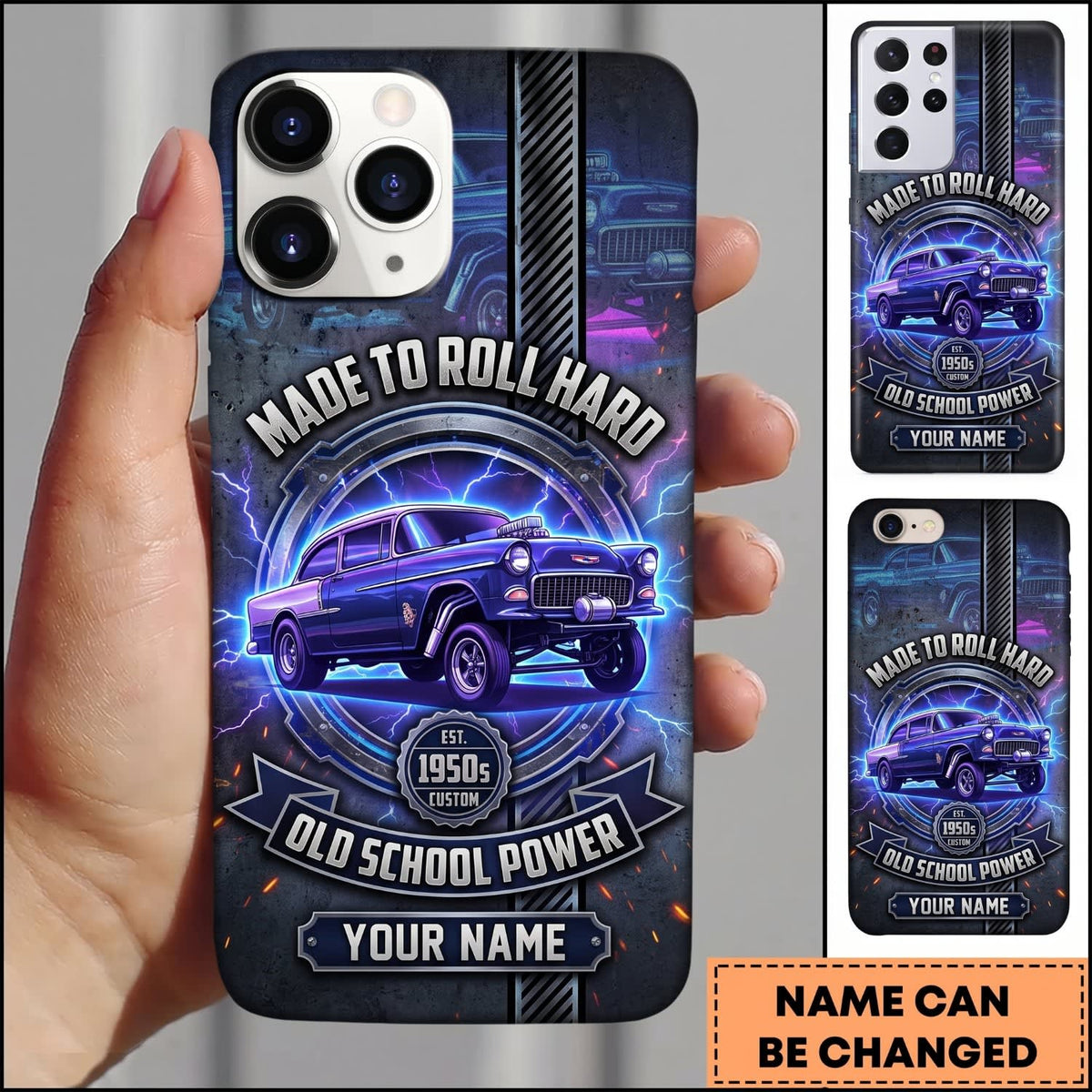 Maxcorners Hot Rod Purple Classic Car with Blue Lightning and Neon Glow Personalized Name 3D Phone Case