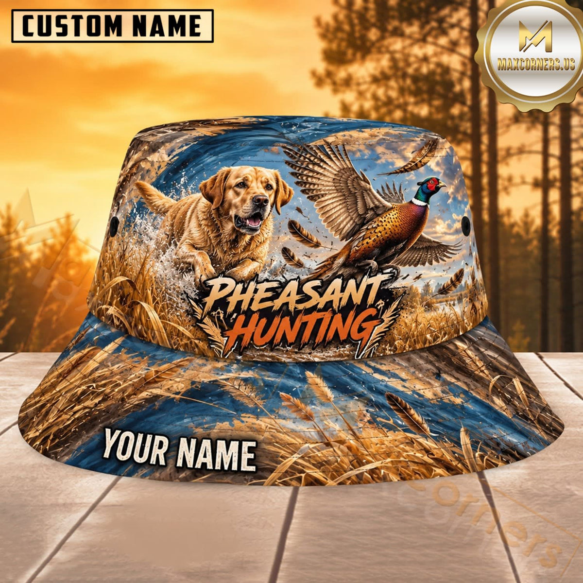 Maxcorners Pheasant Hunting Dog Golden Field Personalized Name 3D Bucket Hat