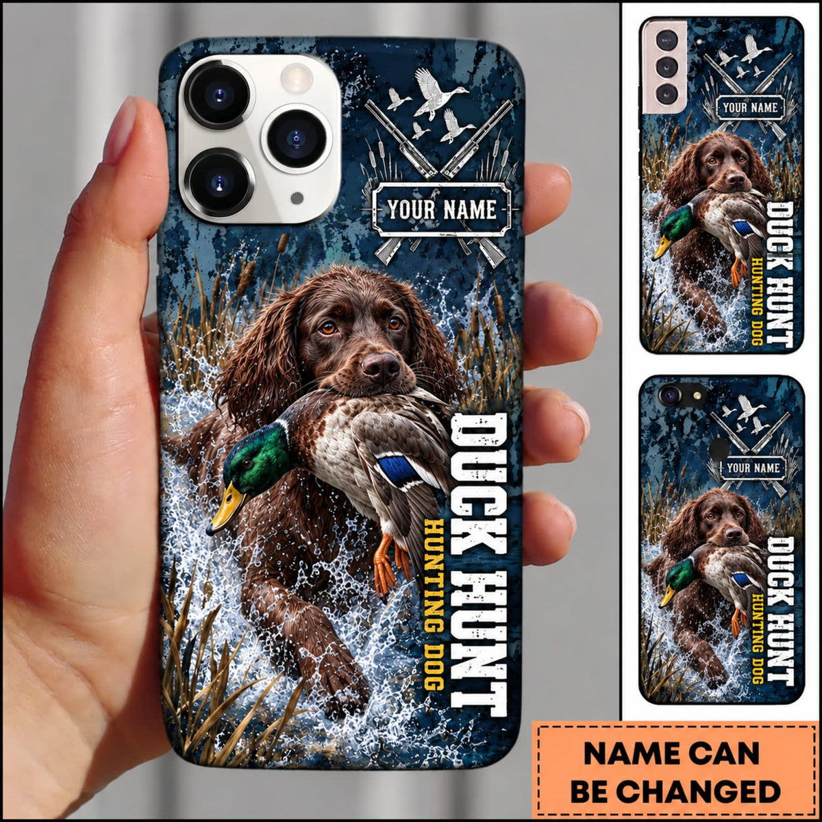 Maxcorners Duck Hunting Retriever Dog Blue Camo Duck Hunting Typography Personalized Name 3D Phone Case - Boykin Spaniel