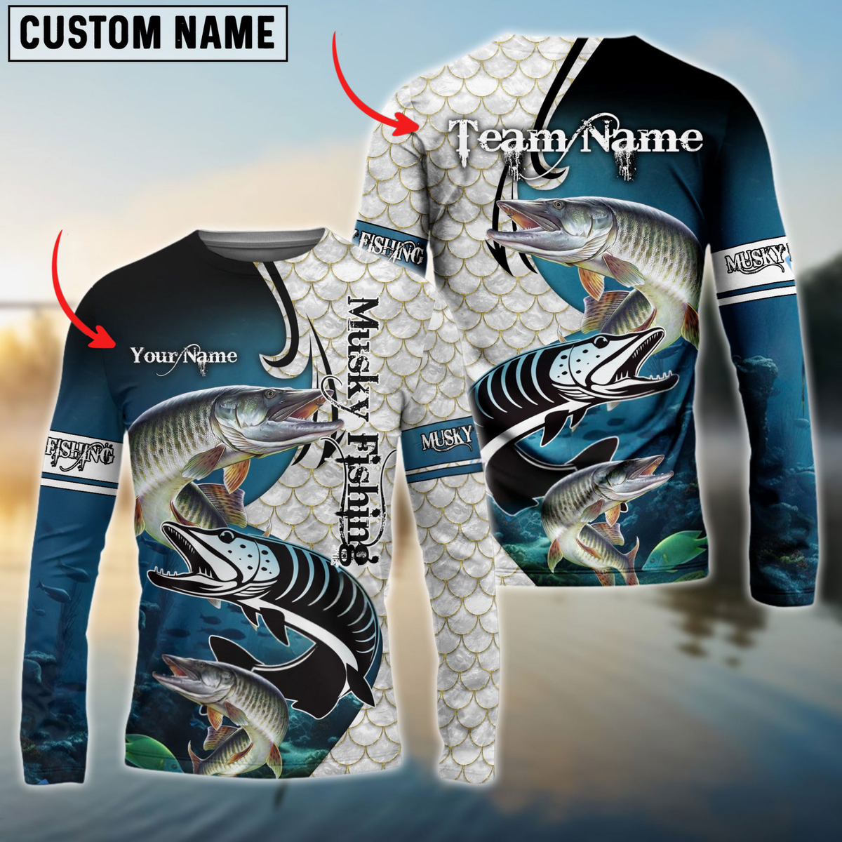 Maxcorners Musky Fishing Big Fin Pattern Personalized Name, Team Name 3D Long Sleeve Shirt