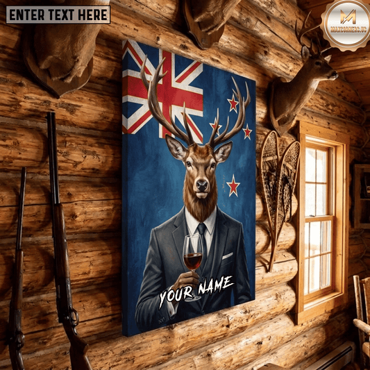 Maxcorners Deer Hunting Dapper Stag Suit Wine Glass New Zealand Flag Gentleman Lodge Canvas Wall Art