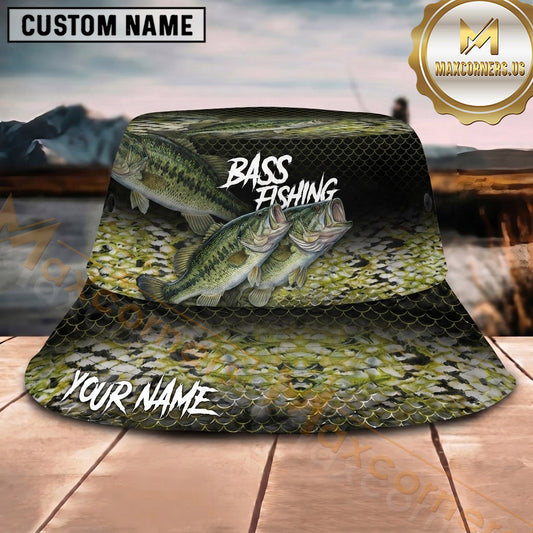 Maxcorners Fishing Dark Aquatic Collage Scale Pattern Personalized 3D Bucket Hat (13 Fish Species)