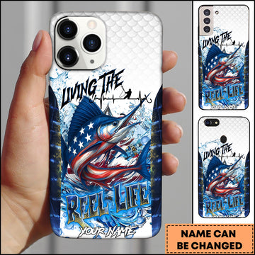 Maxcorners Marlin Fishing USA Flag Wave Design Personalized Name 3D Phone Case