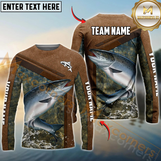 Maxcorners Fishing Leather Pattern Personalized Name, Team Name Long Sleeve Shirt