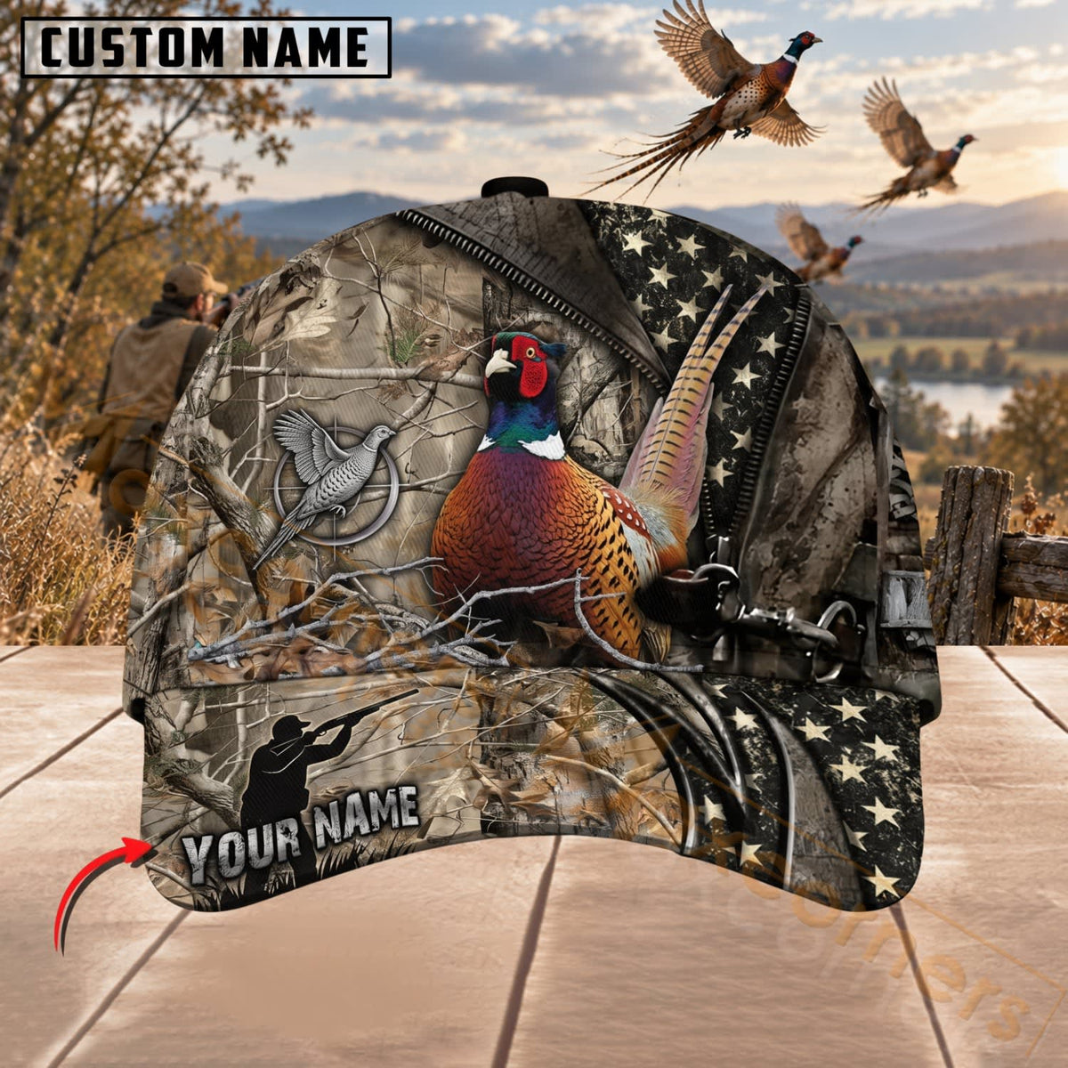 Maxcorners Upland Bird Hunting Woodland Camo Pheasant Personalized Name 3D Cap