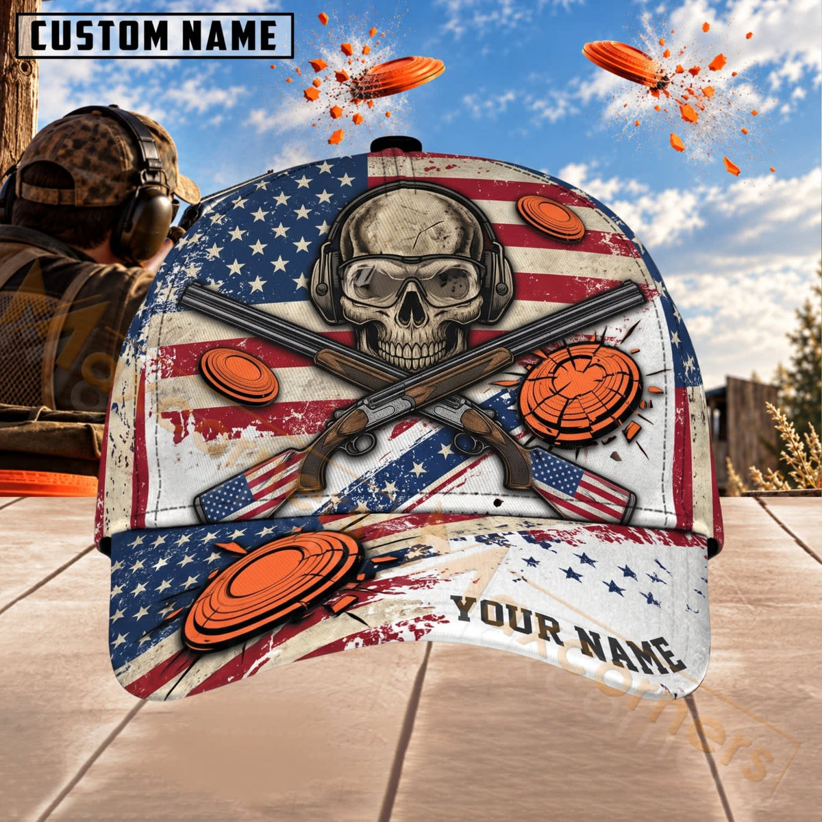 Maxcorners Trap & Skeet Shooting Patriotic Flag  Skull Flying Clays Personalized Name 3D Cap