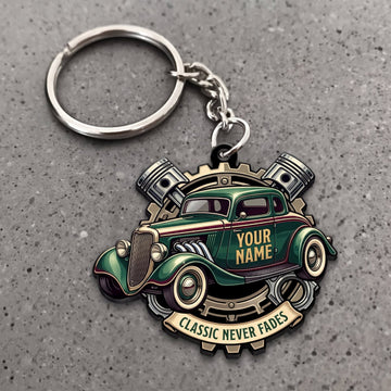Maxcorners Hot Rod Green Classic Coupe with Classic Never Dies Badge Personalized Name 3D Keychain And Ornament