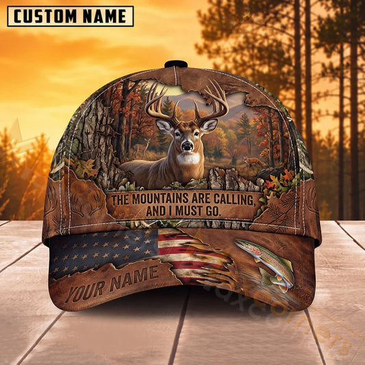 Maxcorners Wildlife Hunting Mountain Forest Vintage Leather Personalized Name 3D Cap