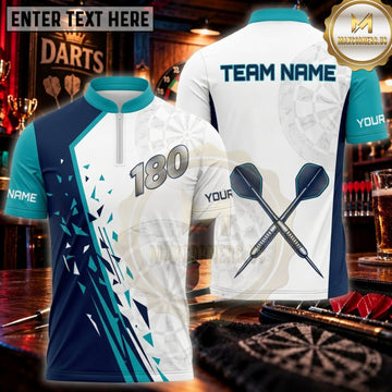 Maxcorners Darts White Teal Minimalist Crossed Darts Personalized Name 3D Unisex Shirt