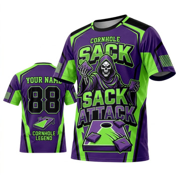 Maxcorners Cornhole Sack Attack Purple Green Personalized Name 3D Unisex Shirt
