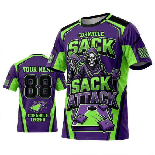Maxcorners Cornhole Sack Attack Purple Green Personalized Name 3D Unisex Shirt