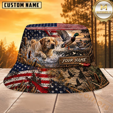Maxcorners Waterfowl Hunting Labrador Patriotic Marsh Personalized Name 3D Bucket Hat