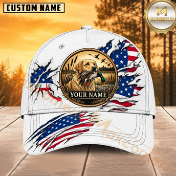 Maxcorners Dog Hunting And Duck White American Flag Hunting Dog Badge Personalized Name 3D Cap