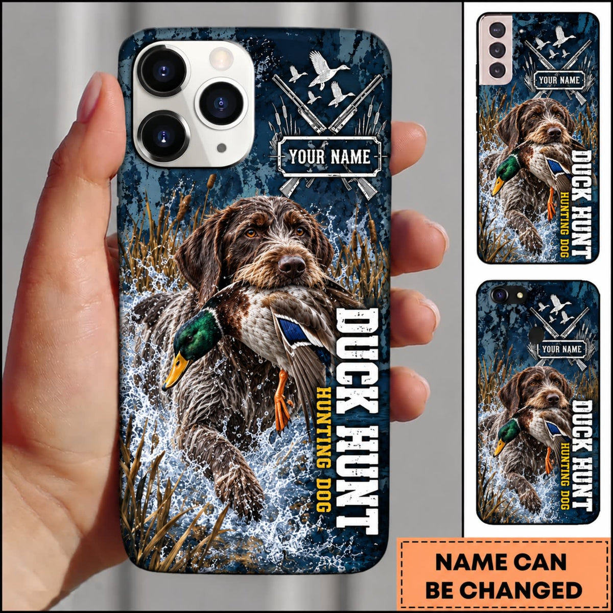 Maxcorners Duck Hunting Retriever Dog Blue Camo Duck Hunting Typography Personalized Name 3D Phone Case - German Wirehaired Pointer