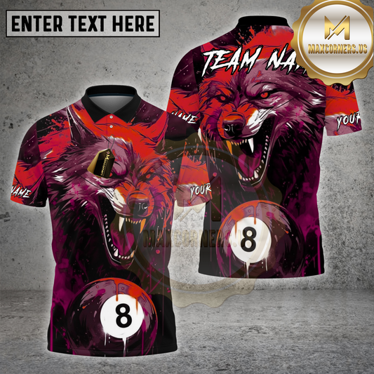 Maxcorners Billiards Shirt Wolf 8-Ball Purple Design Multicolor Options Personalized Name, Team Name 3D Shirt (4 Colors)