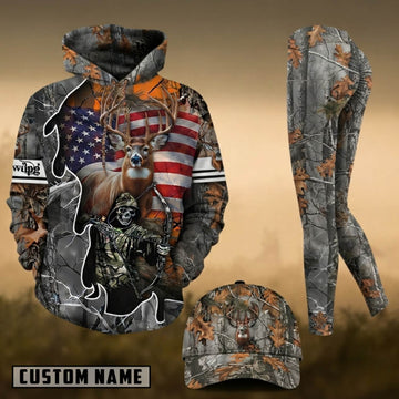 Maxcorners Hunting Deer Hunter American Flag Camo 3D Combo Hoodie, Legging Set & Cap