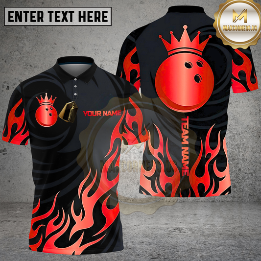 Maxcorners Bowling Shirt Bowling Ball Crown Golden Flames Multicolor Options Personalized Name, Team Name 3D Shirt (4 Colors)