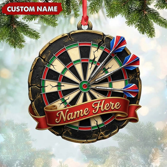 Maxcorners Darts Lover Metallic Gear Frame, Target Board, Curved Banner Personalized Name Ornament 2D Flat
