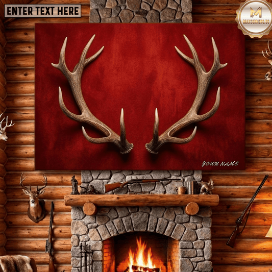 Maxcorners Deer Hunting Elk Antlers Pair Red Velvet Background Trophy Lodge Decor Canvas Wall Art