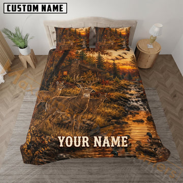 Maxcorners Deer Hunting Autumn Cabin Forest Custom Name 3D Bedding Set