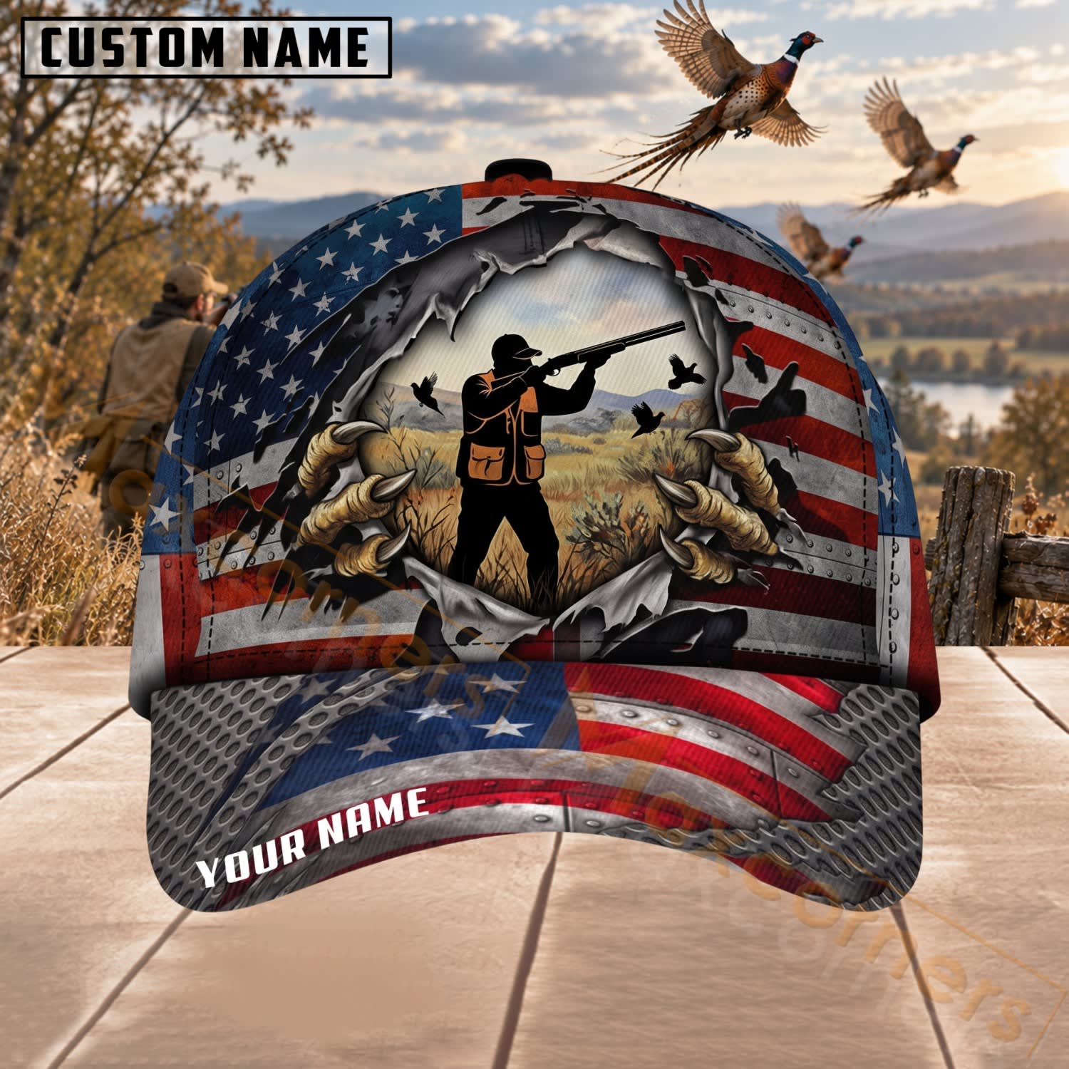 Maxcorners Upland Bird Hunting American Flag Hunter & Bird Dog Personalized Name 3D Cap