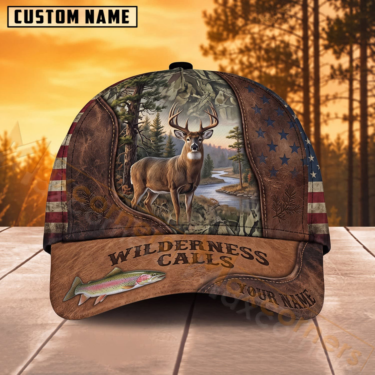 Maxcorners Deer Hunting American Flag Wilderness Calls Personalized Name 3D Cap