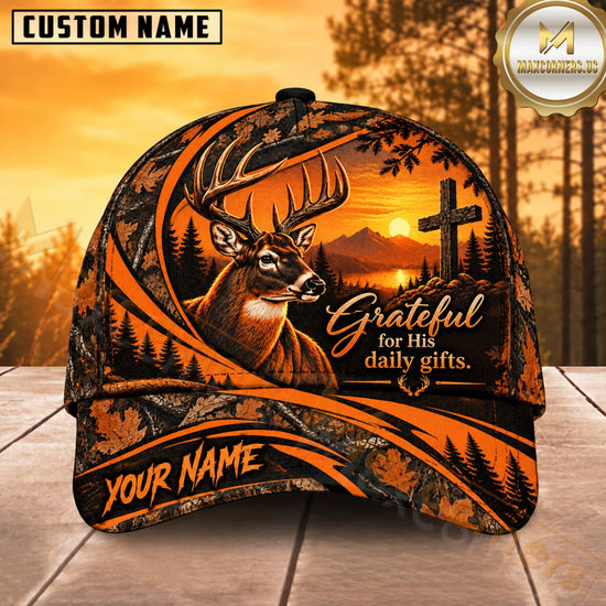 Maxcorners Deer Hunting Whitetail Buck Grateful for His Daily Gifts Sunset Camo Customized Name 3D Cap