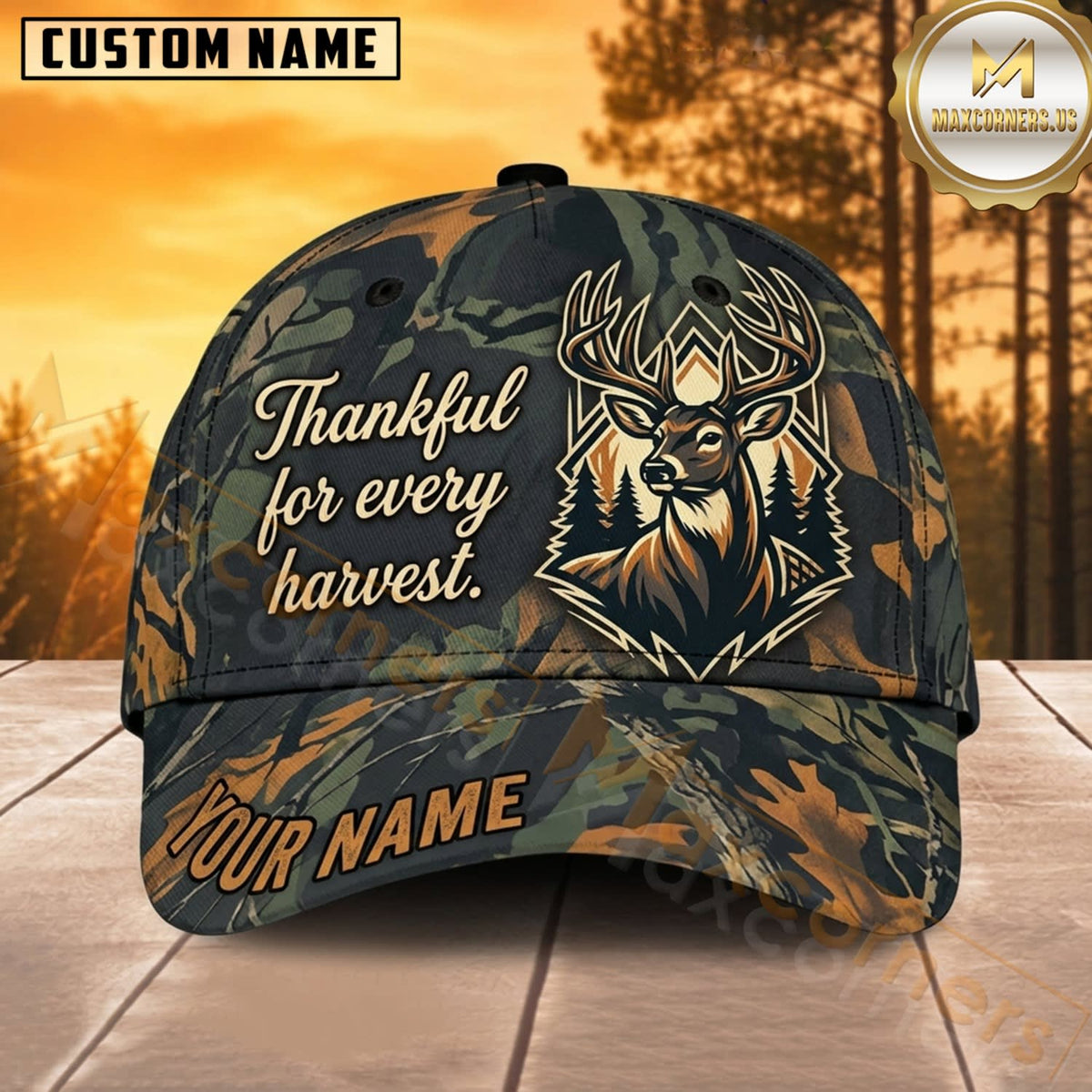 Maxcorners Deer Hunting Whitetail Buck Thankful for Every Harvest Dark Forest Camo Customized Name 3D Cap