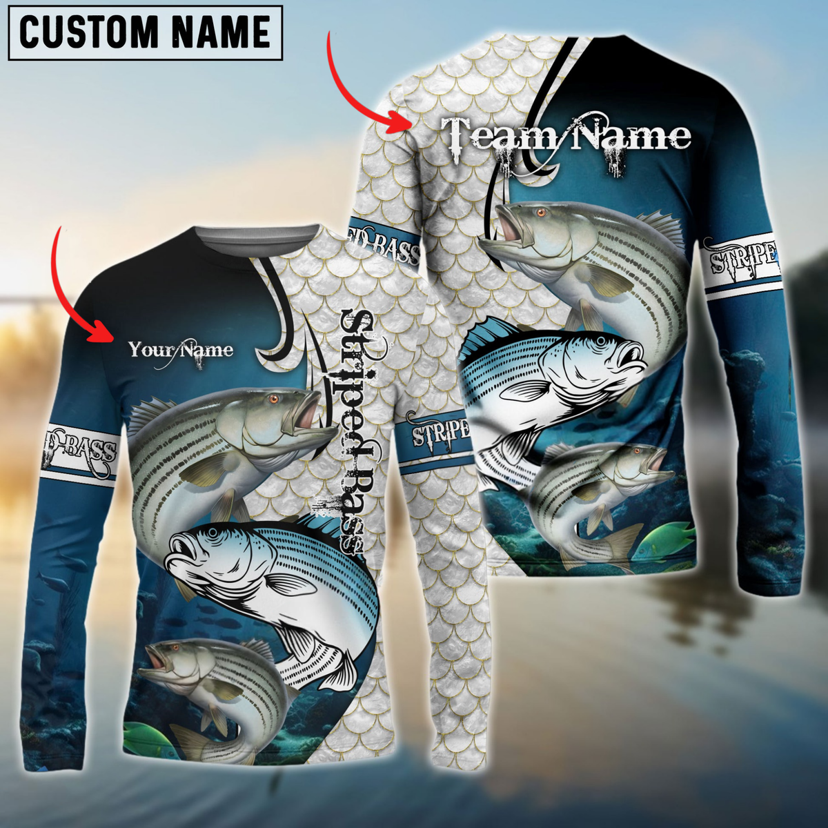 Maxcorners Striped Bass Fishing Big Fin Pattern Personalized Name, Team Name 3D Long Sleeve Shirt