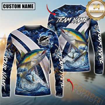 Maxcorners Tuna Fishing Blue Lava Smoke Silver Line Design Custom Name & Team Name 3D Shirts