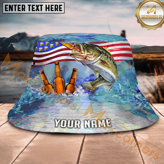 Maxcorners Fishing Beer American Flag Personalized Name 3D Bucket Hat (12 Fish Species)