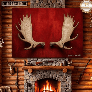 Maxcorners Moose Hunting Moose Antlers Pair Red Velvet Background Trophy Lodge Decor Canvas Wall Art