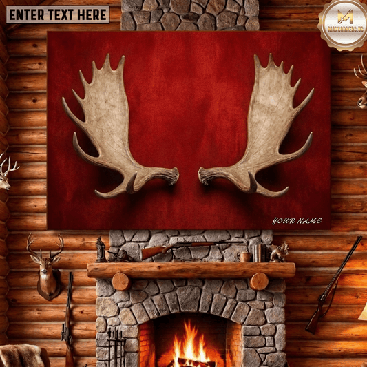 Maxcorners Moose Hunting Moose Antlers Pair Red Velvet Background Trophy Lodge Decor Canvas Wall Art