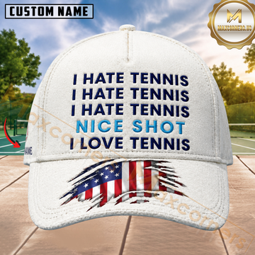 Maxcorners Tennis I Hate Tennis Nice Shot I Love Tennis USA Flag White Honeycomb Funny Quote Design Personalized Name 3D Cap